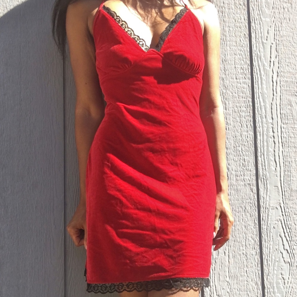 Vintage Red Mini Velvet Mini Dress Cross Back 🍒
